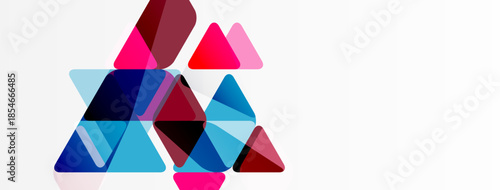Abstract geometric shapes overlap, creating vibrant color patterns. Triangles dominate composition, suggesting dynamism, modernity. White space provides balance.