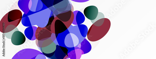 Abstract shapes overlap, creating vibrant color blends. Blue, purple, red hues dominate white background. Modern design element.