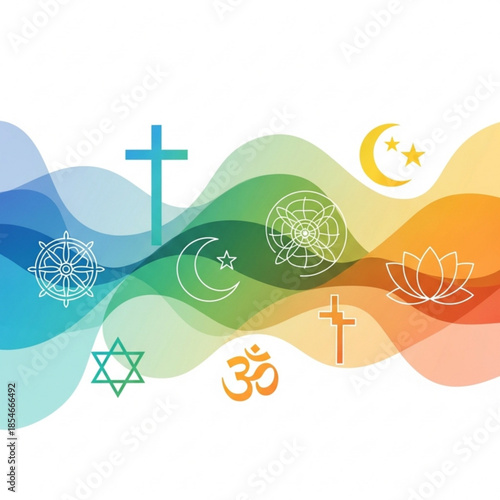 Collection of religious symbols representing diversity and spirituality set against a colorful abstract background for concepts of faith a