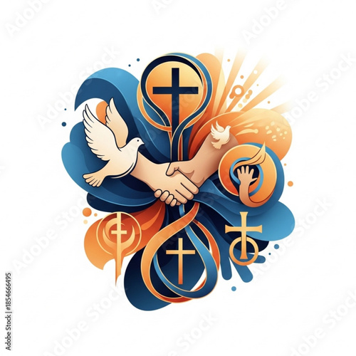 Christian symbols of faith dove and handshake representing unity and peace abstract illustration for religious concepts