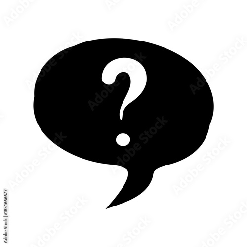 Black speech bubble with a white question mark illustrating uncertainty or inquiry