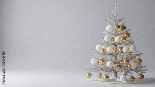 Elegant white Christmas tree with gold and white ornaments, copy space