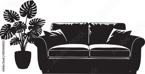 black silhouette of a sofa and a potted monstera plant isolated 