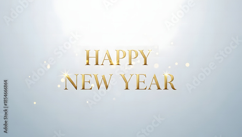 Happy New Year Golden Text on White Background with Bokeh Lights