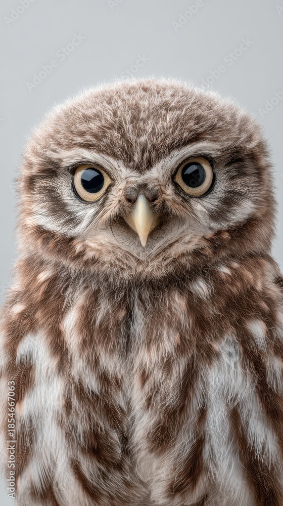 Obraz premium cute baby owl portrait, fluffy feathers, big round eyes, clean background, soft natural lighting
