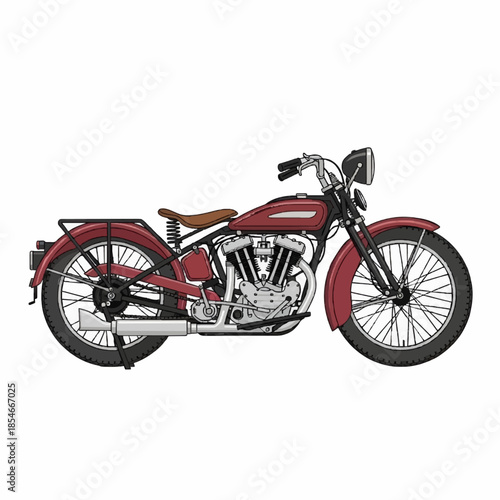 Vintage Classic Motorcycle Vector Illustration - Retro Maroon Motorbike