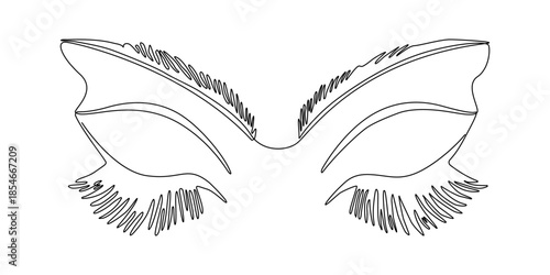 Beautiful eyes, continuous lines, self-drawing  Open and beautiful eyes of a woman drawn by one line on a white background. Painted eyelashes. Beauty and personal care.