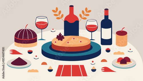 Traditional new year food and drinks from different countries presented as flat vector illustration with festive table, wine bottles, cake and national dishes