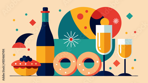 German new year celebration with sparkling wine sekt and traditional donuts shown as festive flat vector illustration