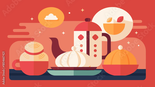 Chinese new year food and drinks with traditional festive dishes shown as flat vector illustration