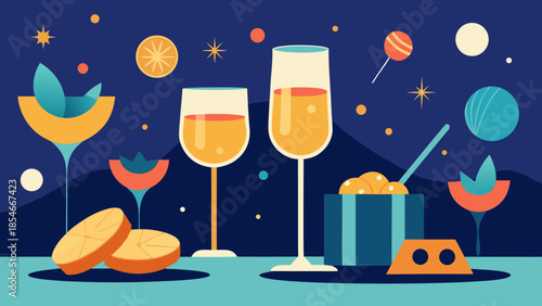 New year champagne glasses with party snacks in minimal luxury style flat vector illustration creating elegant festive atmosphere