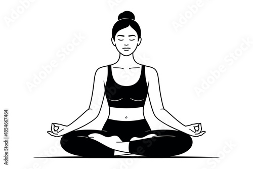 A serene woman meditates in a cross-legged yoga pose with her eyes closed.