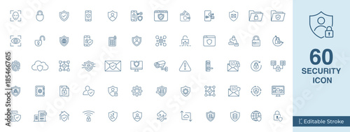 60 Security Line Icons Set Editable Stroke. Cyber Protection Symbols. Cyber Security, Authentication, Protection, Data Protection and Privacy Line Icons.
