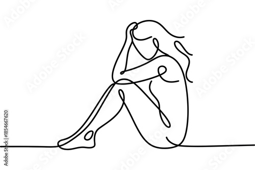 A single line drawing depicts a woman sitting with her head down in an emotional state.