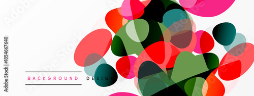 Abstract colorful shapes overlap, creating dynamic background. Pink, red, green hues dominate composition. Modern design element.