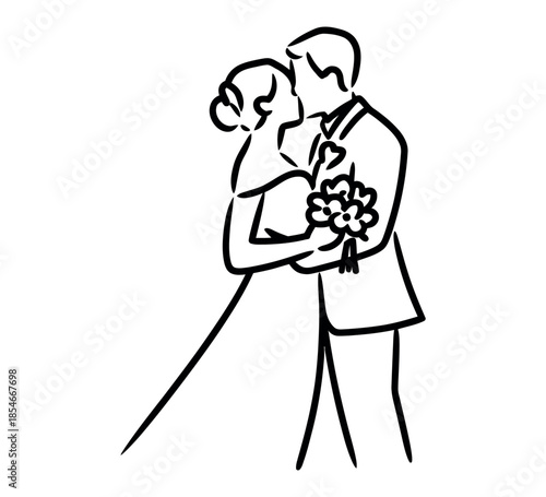 A bride and groom share a tender kiss during their wedding ceremony, holding a bouquet.