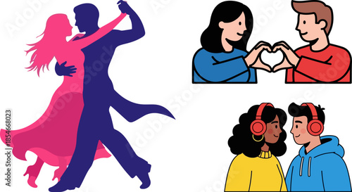 Collection of vector illustrations depicting various romantic couples engaged in dancing making heart shapes and listening to music together.