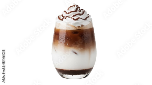 Konstfotografi Iced latte with whipped cream and chocolate drizzle isolated PNG, refreshing cof