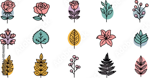 A charming collection of stylized botanical icons featuring delicate flowers soft leaves and intricate plant silhouettes perfect for natural design elements