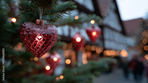 Sparkling heart ornament glows on evergreen branch beside illuminated village street.