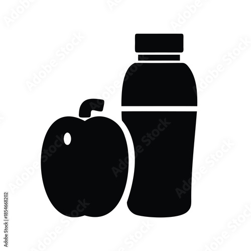 Black and white illustration of an apple beside a protein bottle