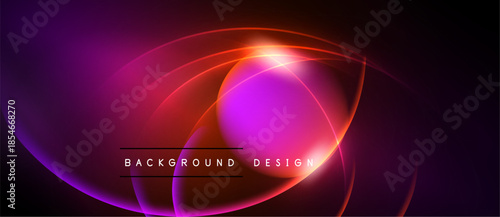 Abstract neon lights create vibrant circular design. Purple, pink, orange hues blend into dark background. Modern graphic element.