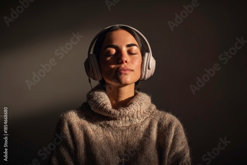 Woman Wearing Headphones Listening to Music Photorealistic Wellness Mindfulness Concept