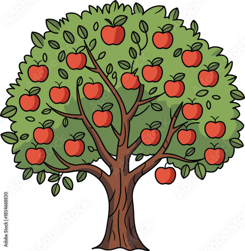 Apple Tree Laden with Red Apples and Green Leaves on White Background Keywords: apple tree, apples, red apples, green leaves, fruit