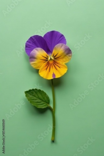 A single pansy blossom with vibrant yellow and purple petals, elegantly displayed on a soft green backdrop, showcases the delicate beauty of nature's artistry.