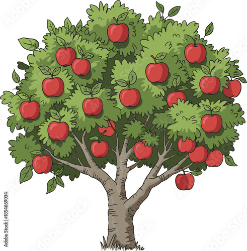Cartoon Apple Tree Laden with Red Apples and Green Leaves on White Background Keywords: apple tree, apple, red apples, fruit tree