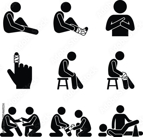 Icon set showing people with injuries and medical care