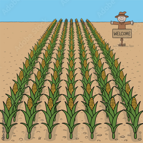 Cartoon scarecrow in a cornfield with a welcome sign and rows of corn agriculture autumn
