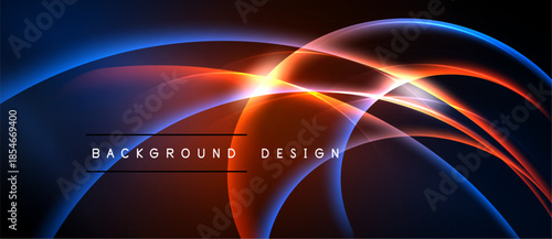 Abstract design features vibrant blue, orange glows. Dynamic curves intersect creating luminous effect. Dark background emphasizes bright elements.