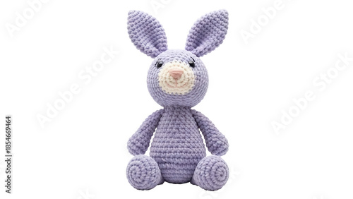Cute lavender crochet bunny toy isolated PNG, handmade stuffed animal for baby shower gift and nursery decor, on transparent background