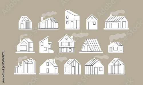 Set of cute tiny houses. Small white house, forest cabin, flat cartoon buildings. Doodle small home, trendy modern minimal classy vector objects set. Cutout illustration with line, simple graphic.