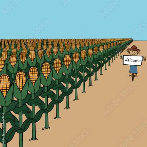 Endless rows of corn in a field with a scarecrow holding a welcome sign agriculture autumn