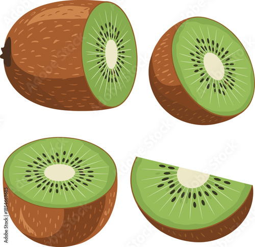 Four Sliced Kiwi Fruit Pieces and Whole Fruit Isolated on White Keywords: kiwi, fruit, sliced, whole, cut, tropical, healthy, food