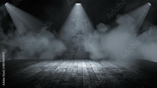 Dramatic stage scene with spotlight beams, smoke, and a wooden floor. Dark, moody and atmospheric