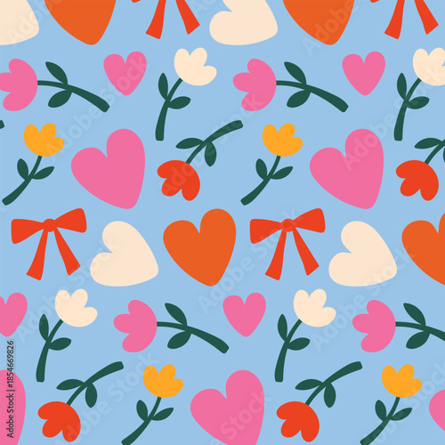 Schilderij op canvas A seamless pattern with colorful hearts, flowers, and bows on a blue background, perfect for Valentine's Day, with cute design elements