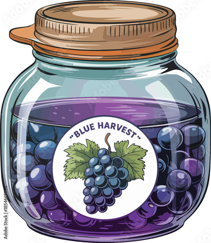 Glass Jar Filled With Blue Grapes and Purple Juice With Blue Harvest Label food fruit