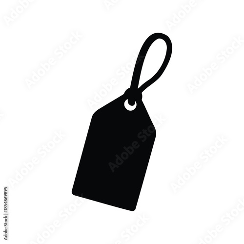 A simple black silhouette illustration of a price tag with loop