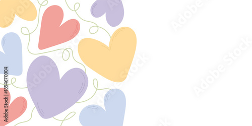 Pastel-colored hearts on a white background. A cute Valentine's Day design element with space for text reflecting the concept of love and romance.