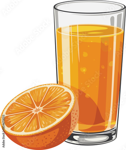 Glass of orange juice with a half orange next to it on a white background drink beverage