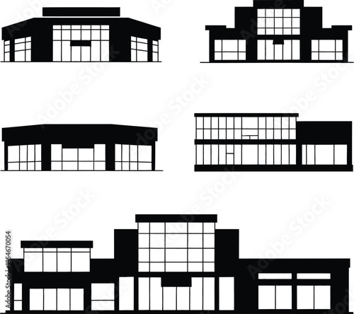Modern commercial building storefront silhouettes vector set