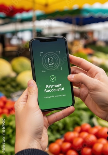 Woman using smartphone for contactless payment with face recognition showing successful transaction at a market. Digital wallet and modern shopping method.