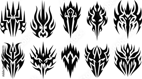 Tribal Tattoo Vector Design Set with Abstract Black Flame and Ornament Shapes
