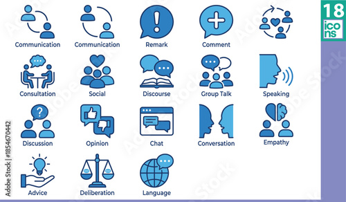Communication icons, conversation, empathy, advice, chat, speaking, opinion, consultation, discourse, group talk, social interaction, language, remark, comment, discussion, deliberation