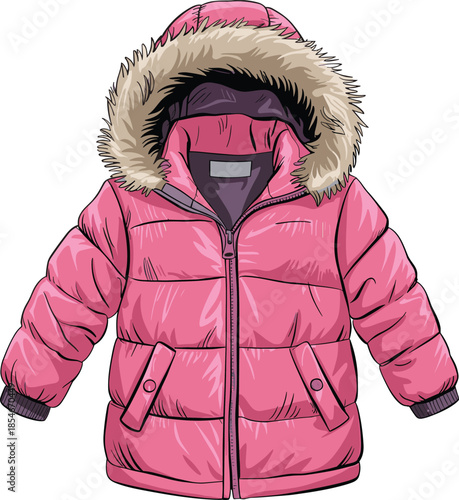 Pink Puffer Jacket with Fur Hood and Zipper Detail on White Background Keywords: pink, jacket, puffer, coat, winter, clothing