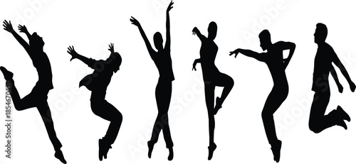 Black silhouettes of active people jumping and dancing in expressive poses, celebrating with energy and joy, isolated on white background.
