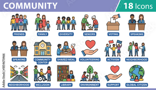 Community life, civic engagement, diversity, inclusion, family, friends, seniors, activism, support, voting, library, shared meal, neighborhood, global citizen, volunteering, speaking